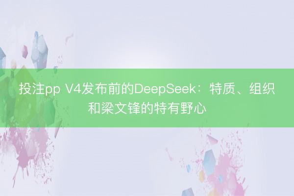 投注pp V4发布前的DeepSeek：特质、组织和梁文锋的特有野心